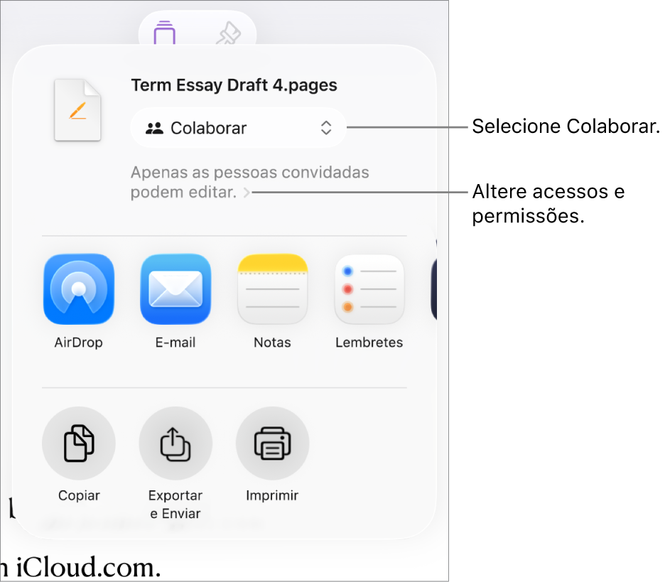 Menu Compartilhar com Colaborar selecionado na parte superior e os ajustes de acesso e permissão abaixo.