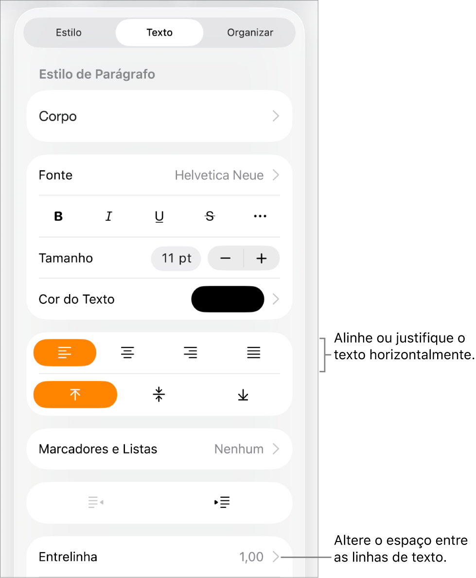 Botão de controles de formatação, com a aba Texto selecionada e balões explicativos para os botões de alinhamento de texto e o item de menu “Espacejamento Entre Linhas”.