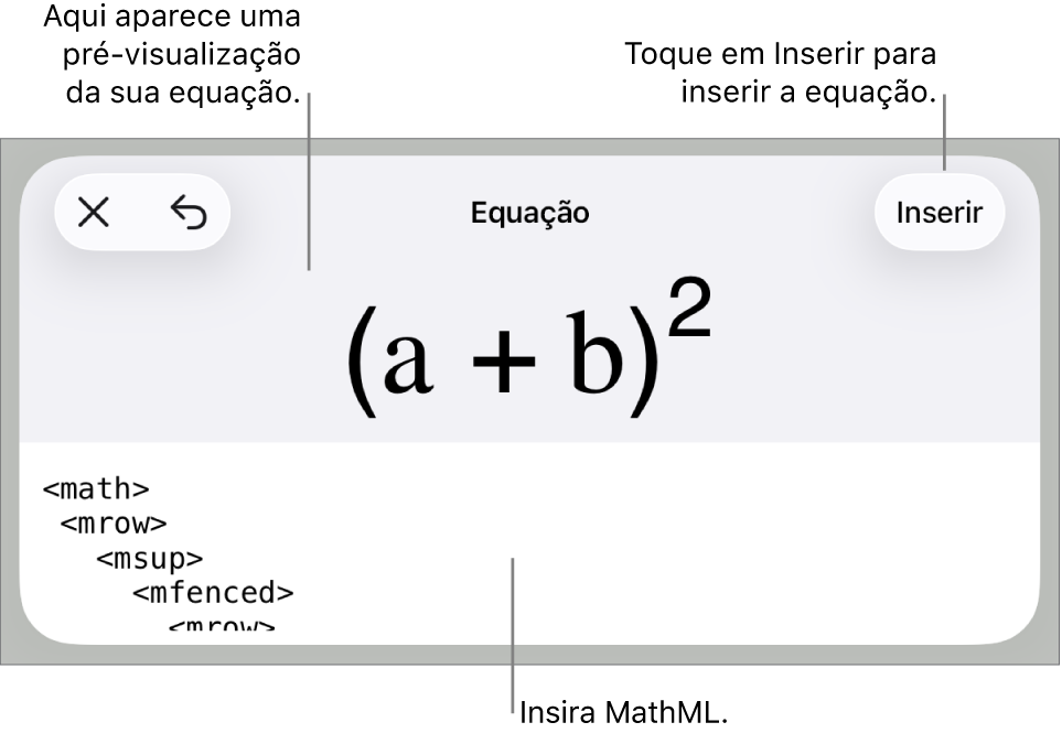O diálogo de Equação, mostrando uma equação escrita com comandos MathML e uma pré-visualização da fórmula acima.