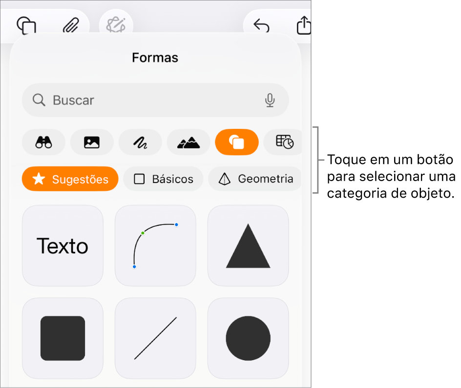 Os controles para adicionar um objeto, com botões na parte superior para selecionar tabelas, gráficos, formas (incluindo linhas e caixas de texto) e mídia.