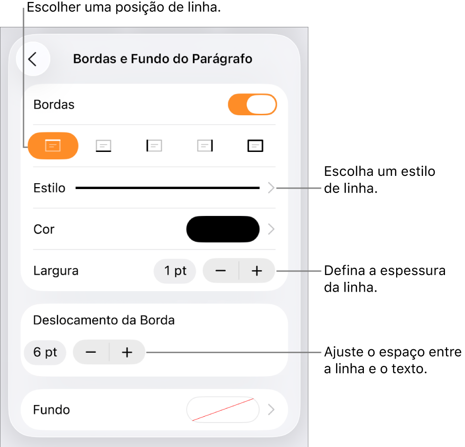 Controles para alterar o estilo, a espessura, a posição e a cor da linha.