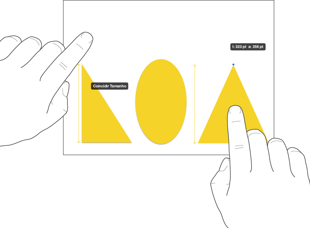 Um dedo logo acima de uma forma e um outro segurando um objeto com Coincidir Tamanho na tela.