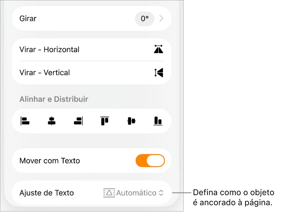 Controles Formatar com a aba Organizar selecionada e controles de “Mover para Trás/Frente”, “Mover com Texto” e “Ajuste de Texto”.