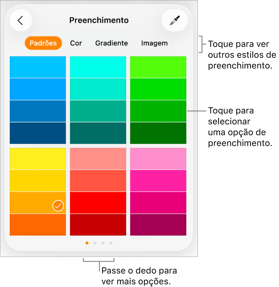 Opções de preenchimento na aba Estilo do botão Formatar.
