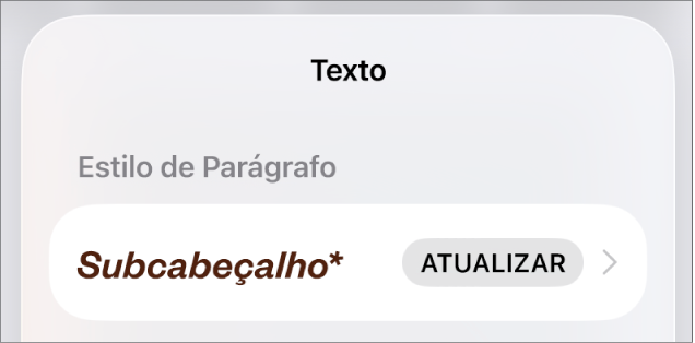 Estilo de parágrafo Corpo com um asterisco ao lado e um botão Atualizar à direita.