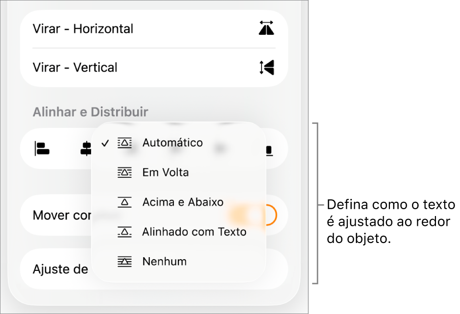 Controles Formatar com a aba Organizar selecionada. Abaixo estão controles de “Ajuste de Texto”, com “Mover para Trás/Frente”, “Mover com Texto” e “Ajuste de Texto”.