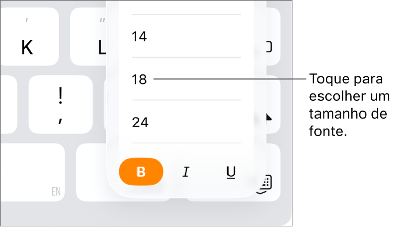 Botão Tamanho de Fonte no lado direito do teclado do iPad com o menu Tamanho de Fonte aberto. Os tamanhos de fonte padrão do governo da China continental aparecem na parte superior do menu com as opções de tamanho em pontos abaixo.