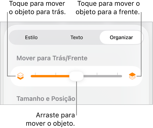 Botão Mover para Trás, botão Mover para a Frente e controle deslizante de camada
