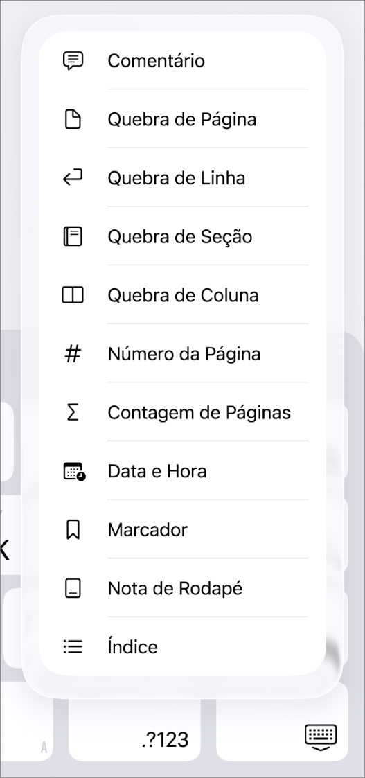Barra de atalhos com os controles de Inserir abertos acima do botão Inserir.