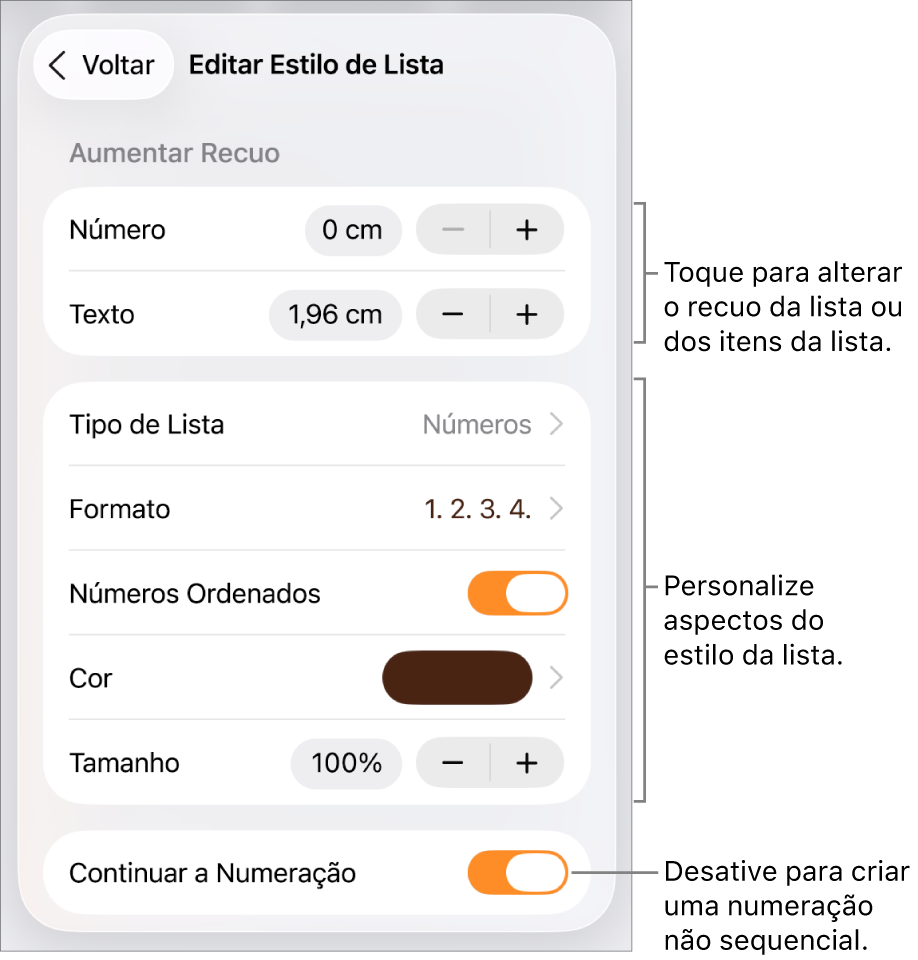 Menu “Editar Estilo de Lista” com controles para espacejamento de recuo, formato e tipo de lista, alinhamento de números, cor e tamanho da lista e numeração contínua.