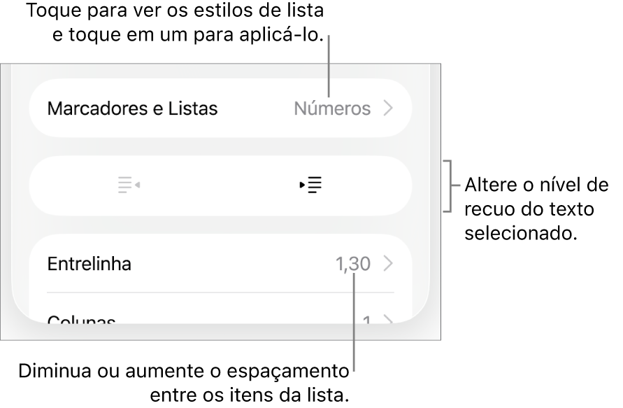 Seção “Marcadores e Listas” dos controles de Formatação, com chamadas para “Marcadores e Listas”, botões para aumentar ou diminuir o recuo e controles de entrelinha.