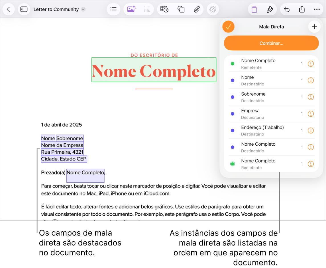 Documento do Pages com campos de destinatário e remetente de mala direta e a lista de instâncias de campos de mala direta visível na barra lateral Documento.
