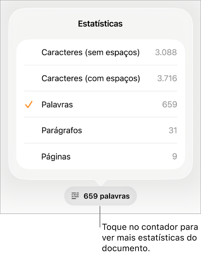 Contador de palavras com menu mostrando opções para mostrar o número de caracteres com e sem espaços, contagem de palavras, contagem de parágrafos e contagem de páginas.