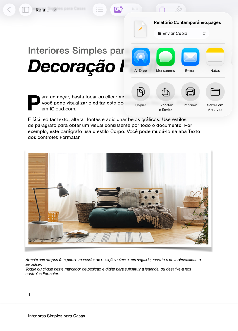 Um documento de trabalho com as opções Compartilhar e Exportar abertas.