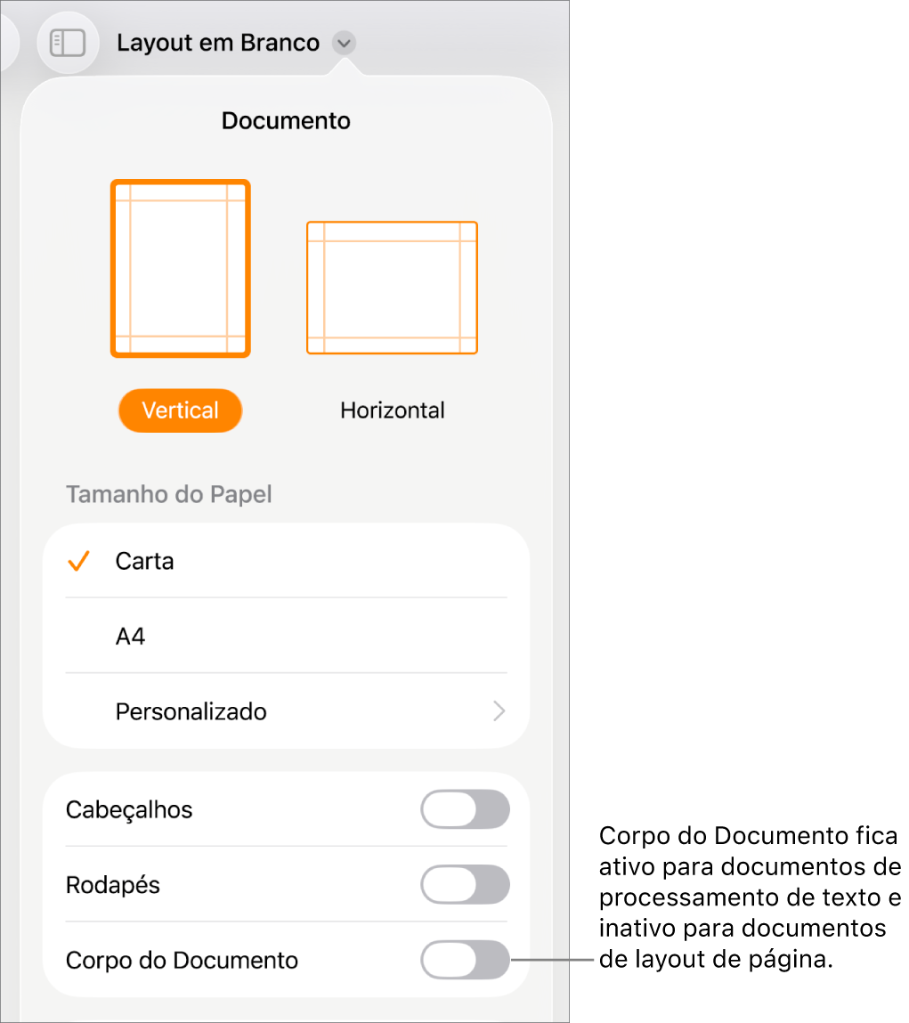 Controles de formatação Documento, com “Corpo do Documento” ativado próximo à parte inferior da tela.