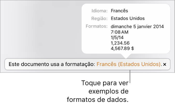 A notificação da configuração diferente de idioma e região, com exemplos de formatação no idioma e região diferentes.