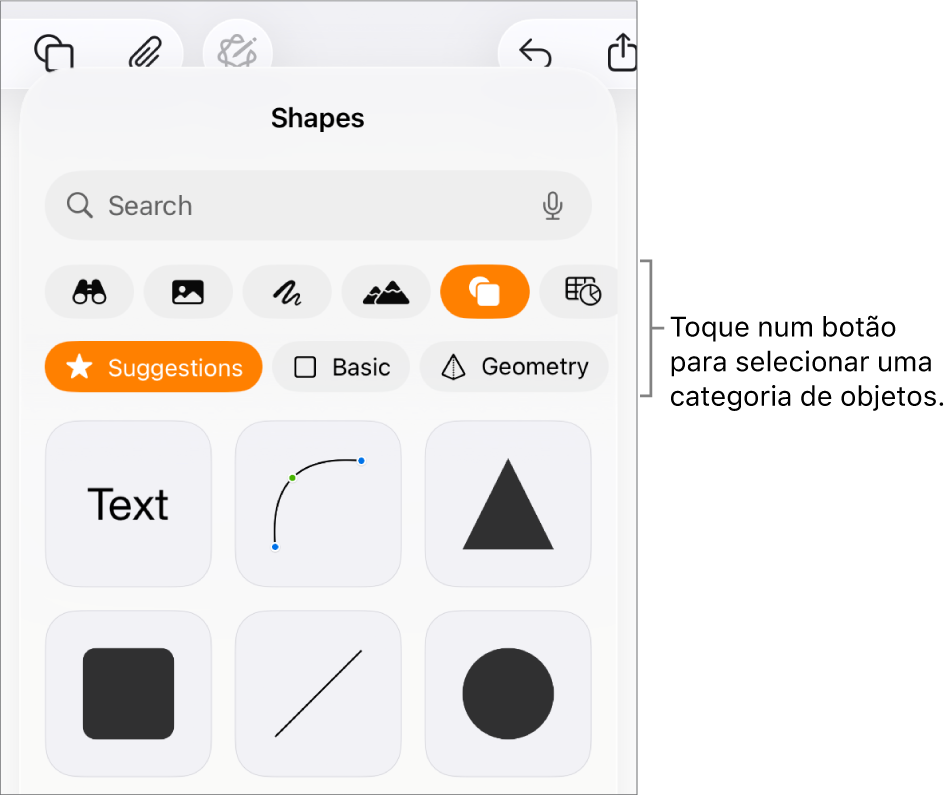 Os controlos para adicionar um objeto, com botões na parte superior para escolher tabelas, gráficos, formas (incluindo linhas e caixas de texto) e multimédia.