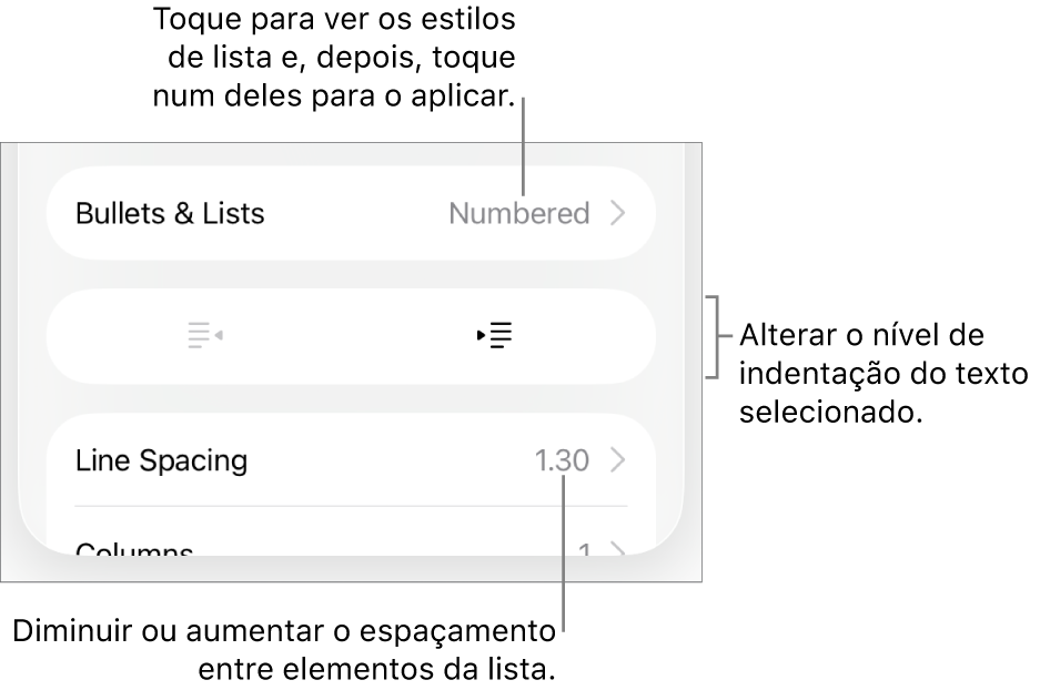 A secção “Marcas e listas” dos controlos de “Formatação” com chamadas para “Marcas e listas”, botões de remover indentação e de indentação e controlos de espaçamento.