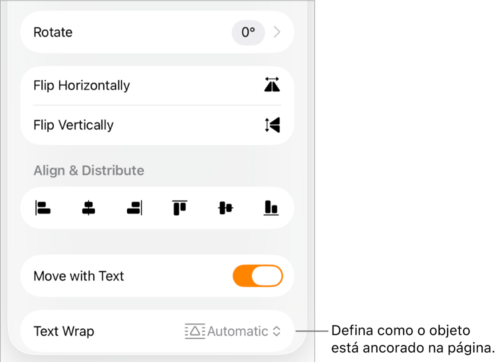 Os controlos de “Formatação” com o separador "Ordem” selecionado e os controlos para “Passar para a frente/para trás”, “Mover com texto” e “Ajuste de texto”.