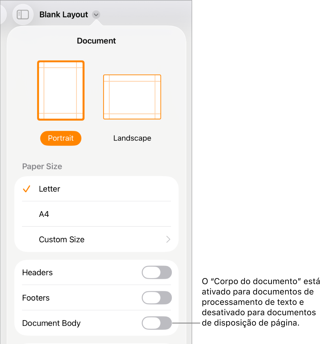 Os controlos de formatação de “Documento” com a opção “Corpo do documento” ativada perto da parte inferior do ecrã