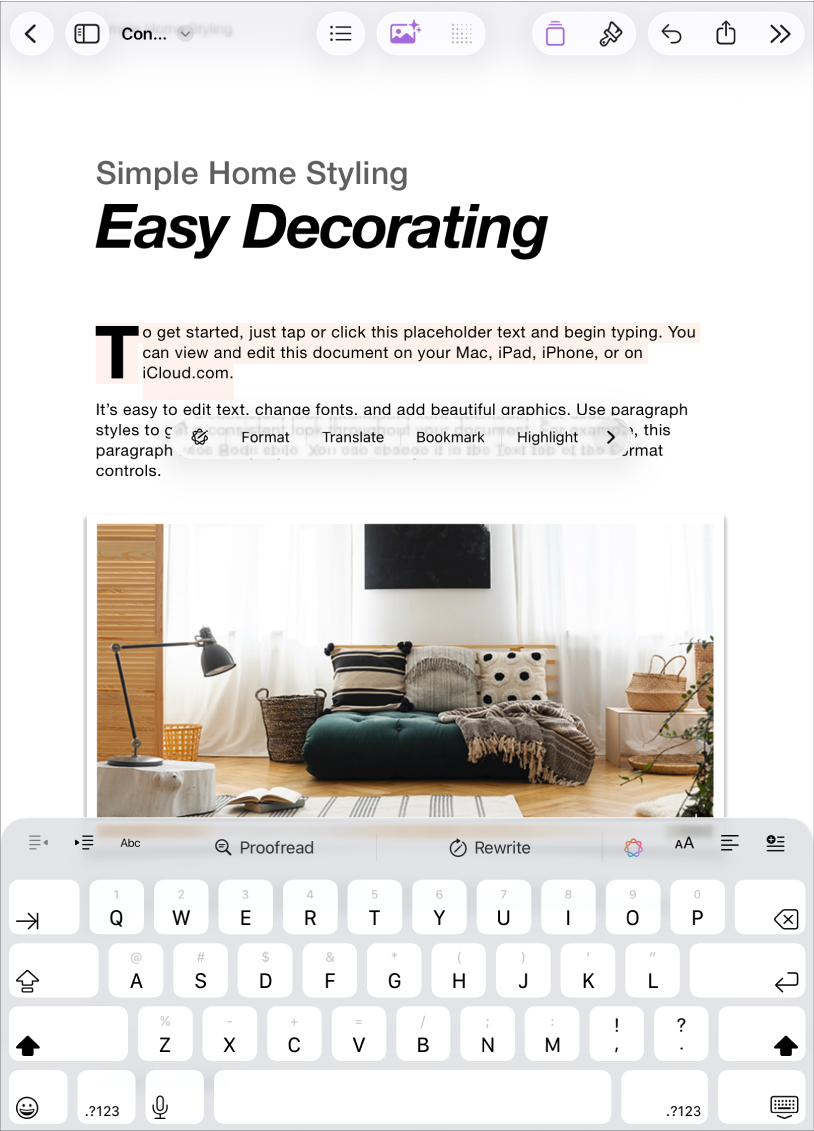 Um documento do Pages aberto com o marcador de posição de texto selecionado.
