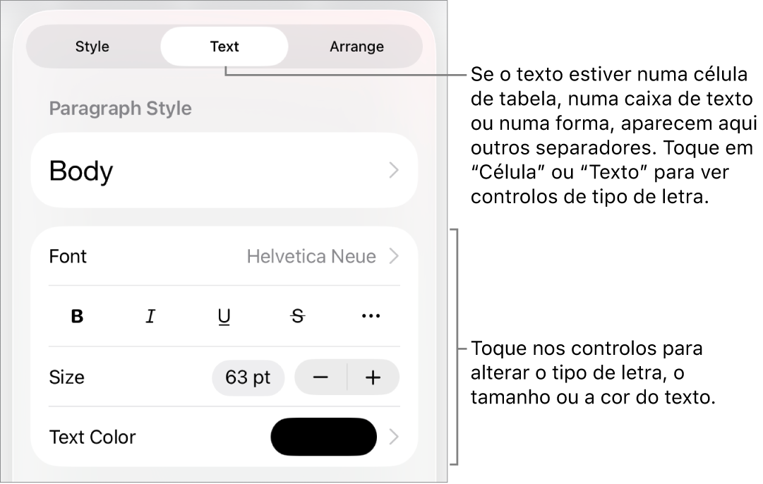 Controlos de texto no menu "Formatação” para definir estilos de parágrafo e carácter, tipo de letra, tamanho e cor.