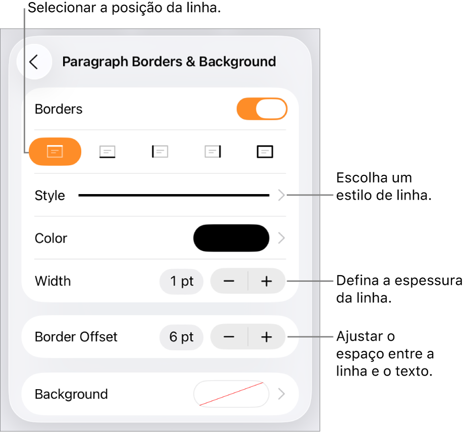 Controlos para alterar o estilo de linha, a espessura, a posição e a cor.