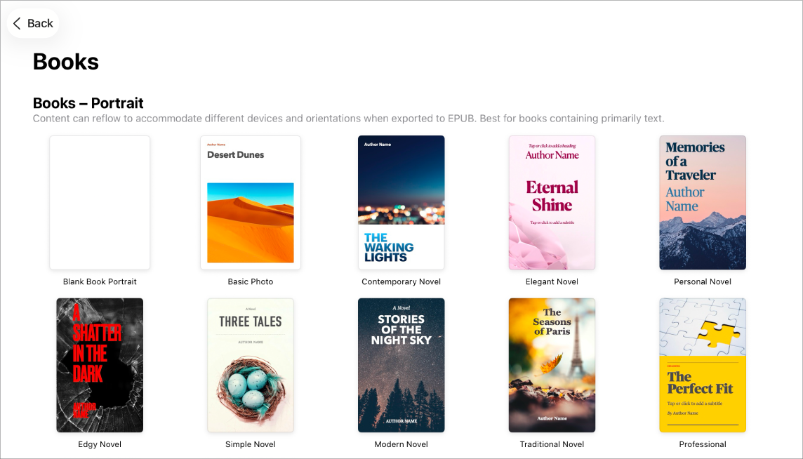 A lista de modelos com os modelos de livro na orientação vertical na parte superior e a orientação horizontal por baixo.