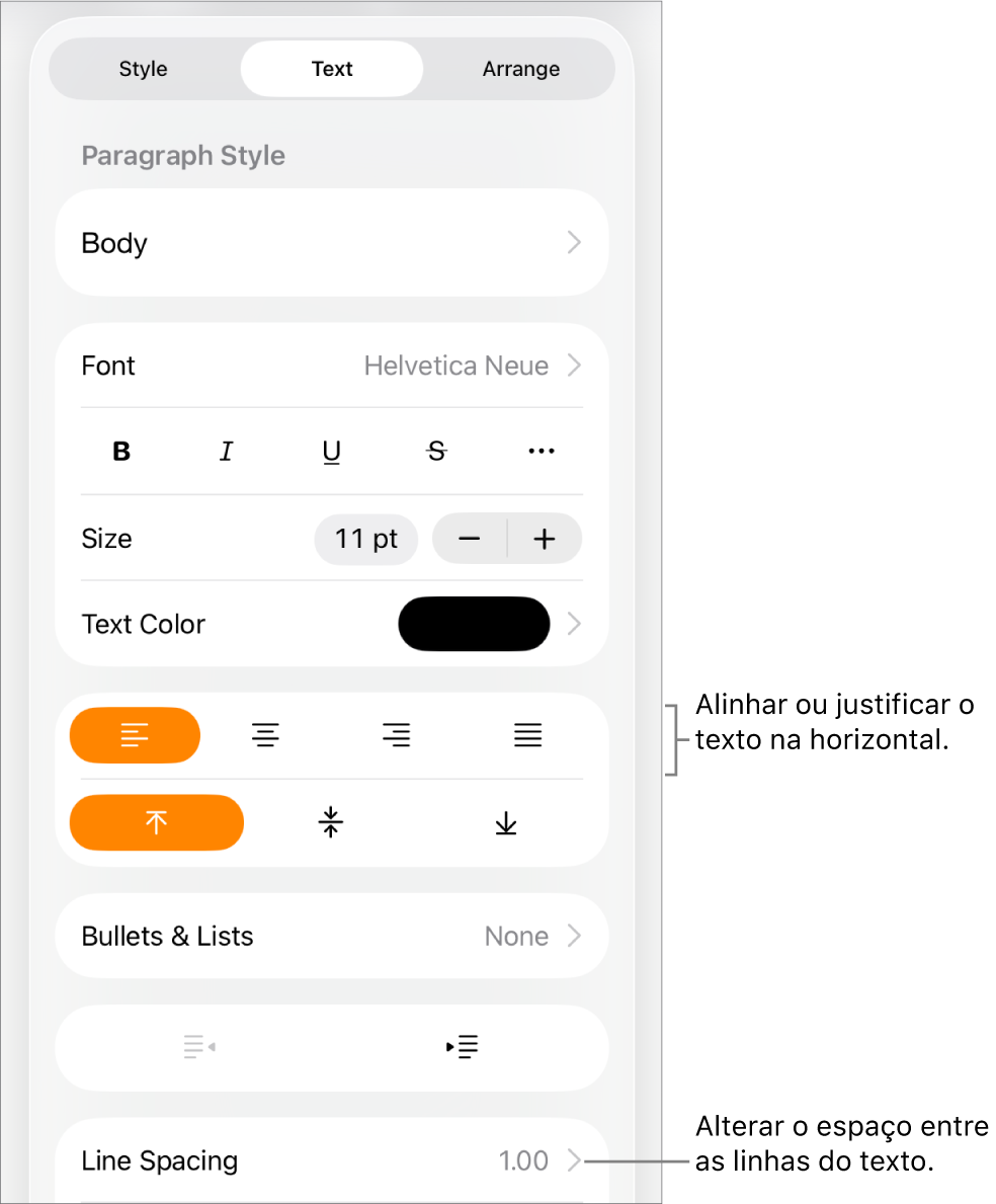 O botão dos controlos de "Formatação” com o separador "Texto” selecionado e chamadas para os botões de alinhamento de texto e para o elemento de menu “Espaçamento entre linhas”.