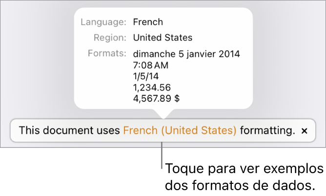 A notificação da definição diferente do idioma e região, apresentando exemplos da formatação nesse idioma e região.