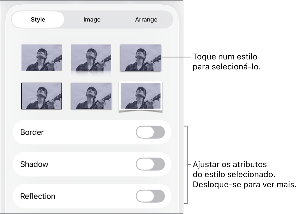 O separador "Estilo” do menu "Formatação” com estilos de objeto na parte superior e controlos por baixo para alterar a borda, sombreado, reflexo e opacidade.