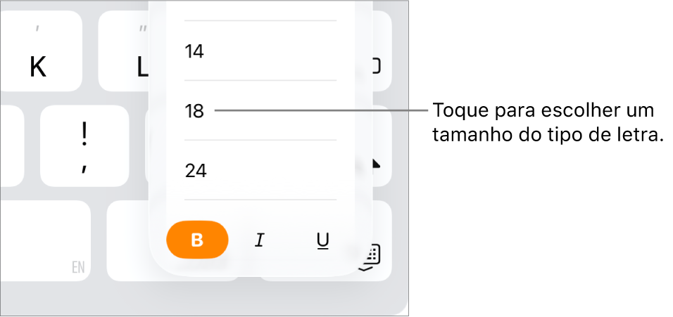 O botão "Tamanho do tipo de letra” do lado direito do teclado do iPad com o menu do tamanho do tipo de letra aberto. Os tamanhos do tipo de letra padrão do governo chinês aparecem na parte superior do menu com os tamanhos em pontos abaixo.