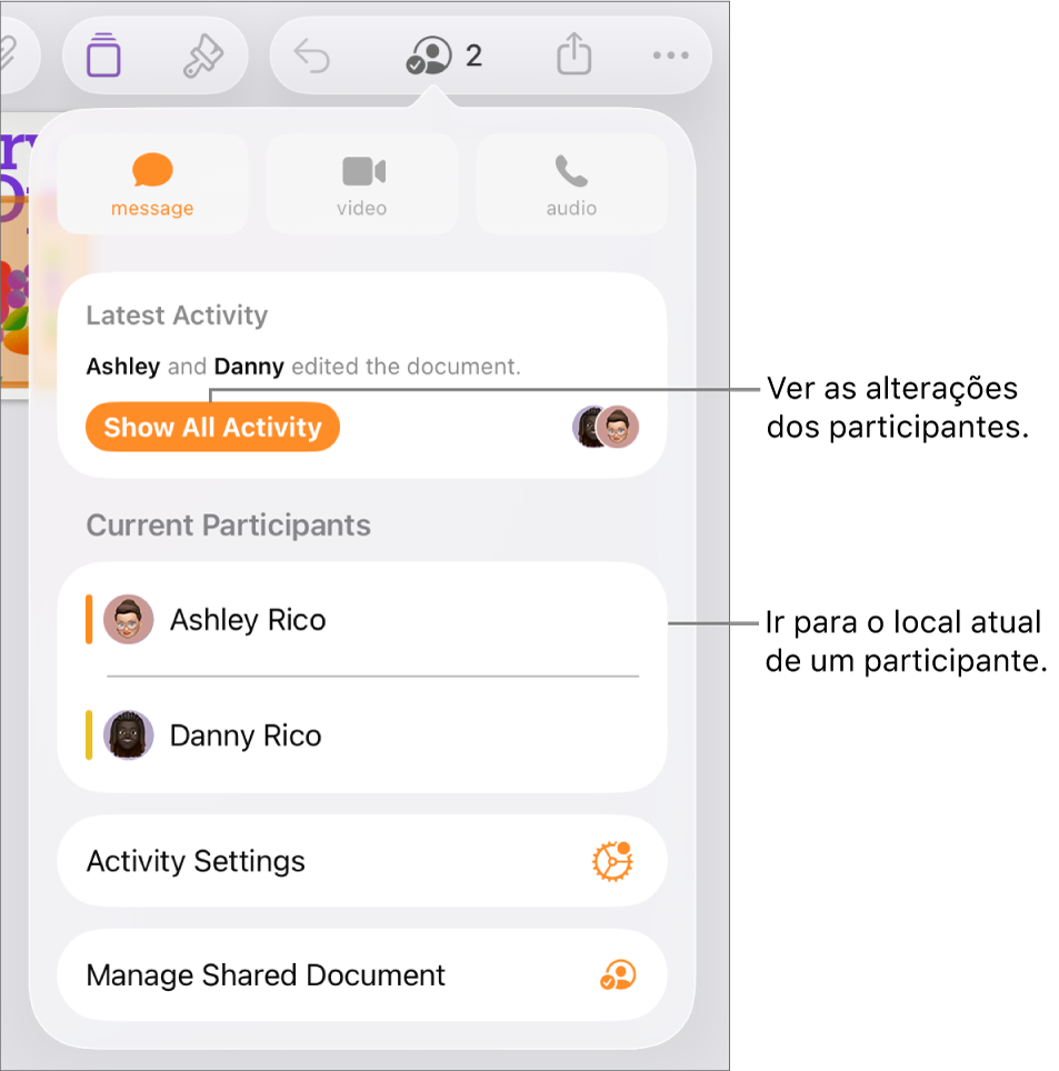 O menu de colaboração com os participantes atuais listados.