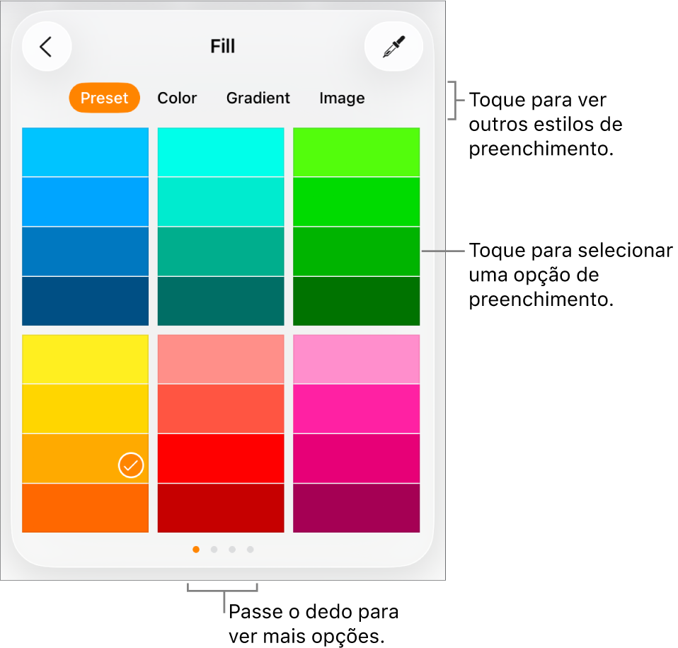 Opções de preenchimento no separador "Estilo” do botão “Formatação”.