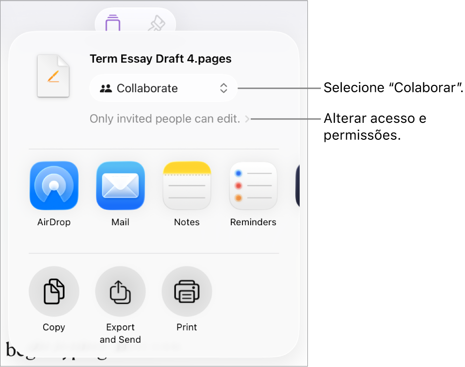 O menu "Partilha” com “Colaboração” selecionada na parte superior e as definições de acesso e permissão por baixo.