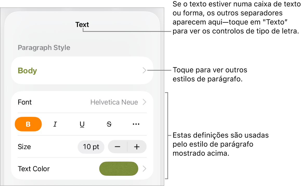 O menu "Formatação” a apresentar controlos de texto para definir estilos de parágrafo e carácter, tipo de letra, tamanho e cor.