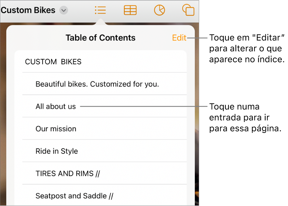 A vista de índice com entradas numa lista. O botão “Editar” encontra-se no canto superior direito da vista.