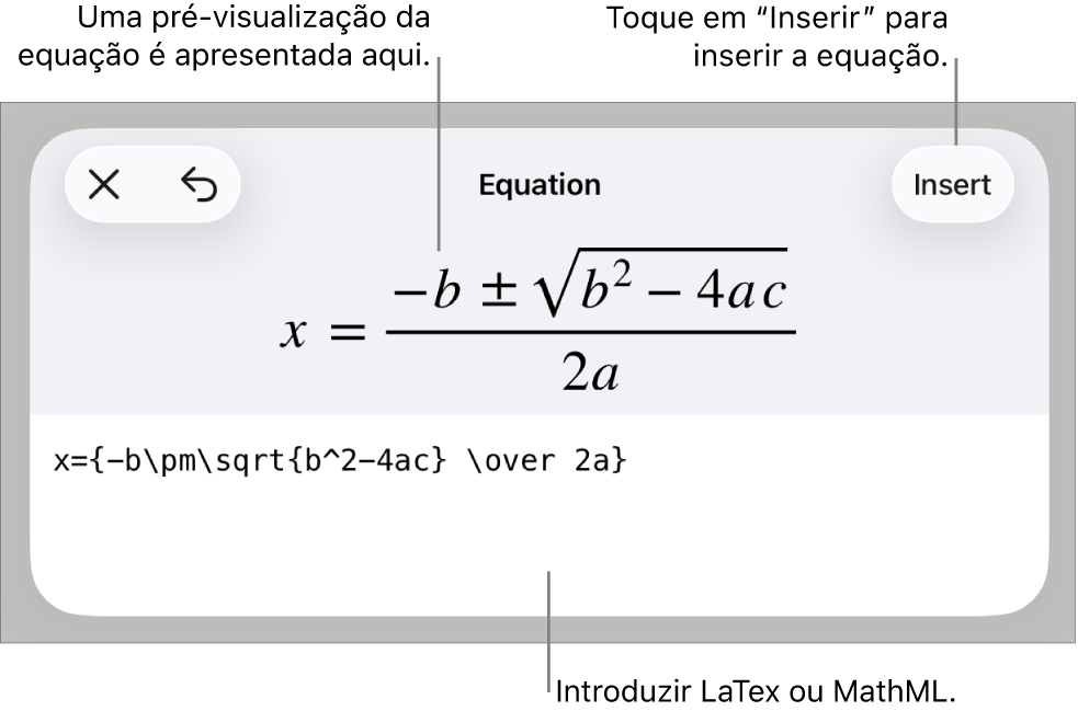 A caixa de diálogo “Equação”, apresentando uma equação escrita com recurso aos comandos MathML e uma pré-visualização da fórmula em cima.
