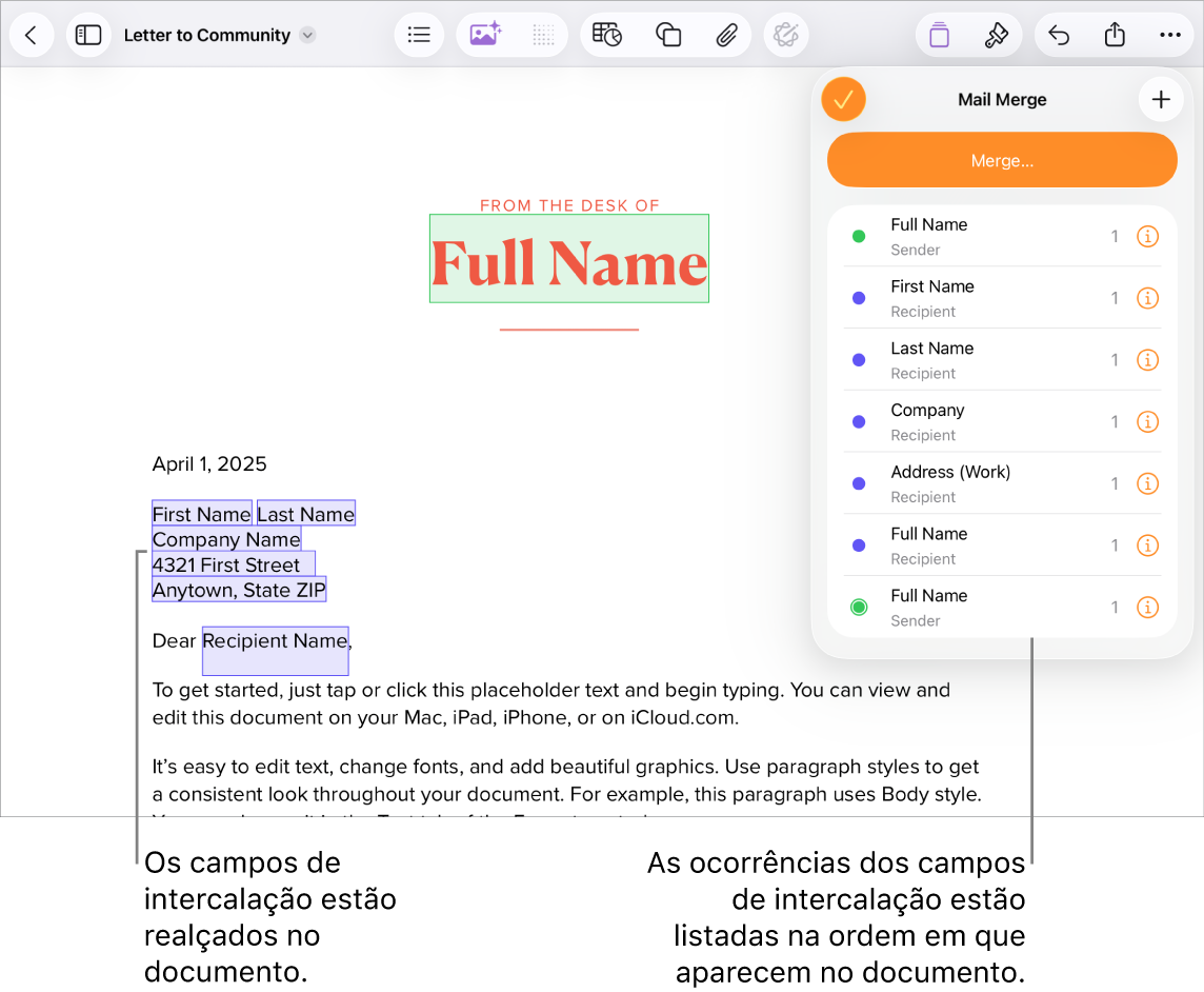 O documento do Pages com os campos de intercalação do destinatário e do remetente e a lista de ocorrências do campo de intercalação visível na barra lateral “Documento”.