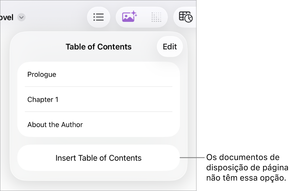 A vista de índice com “Editar” no canto superior direito, as entradas do índice e o botão “Inserir índice” na parte inferior.