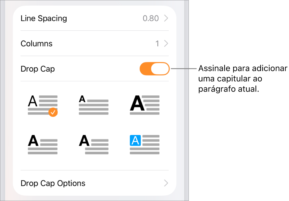 Os controlos de "Capitular” no menu “Texto”.