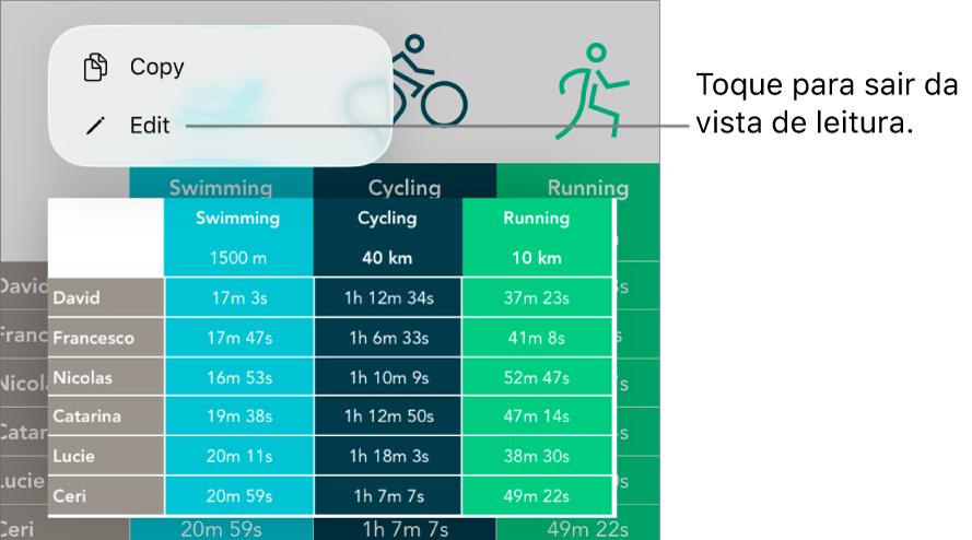Uma célula de tabela está selecionada e por cima está um menu com os botões "Copiar” e “Editar”.