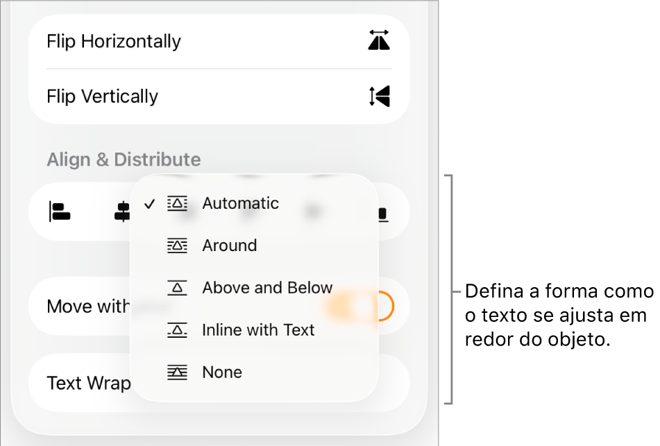 Os controlos de "Formatação” com o separador "Ordem” selecionado. Por baixo estão os controlos “Ajuste de texto” com “Passar para a frente/para trás”, “Mover com texto” e “Ajuste de texto”.