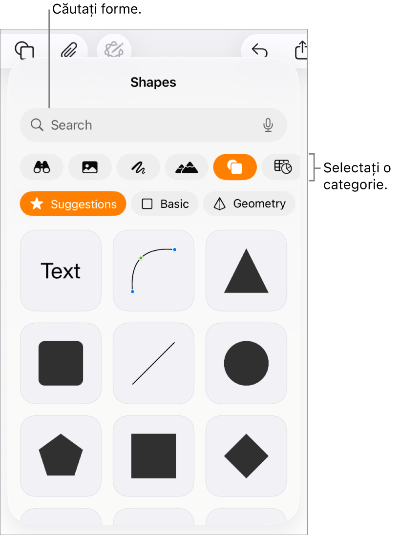 Biblioteca de forme, cu categoriile în partea de sus și formele afișate dedesubt. Puteți să utilizați câmpul de căutare din partea de sus pentru a găsi forme și să glisați pentru a vedea mai multe.