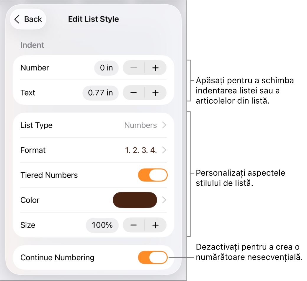 Meniul Editați stilul de listă, cu comenzile pentru spațierea indentărilor, tipurile și formatele de liste, numerotare progresivă, culori și dimensiuni de liste și numerotarea continuă.