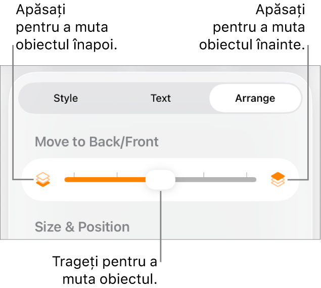 Butonul Deplasare înapoi, butonul Deplasare înainte și glisorul pentru straturi.