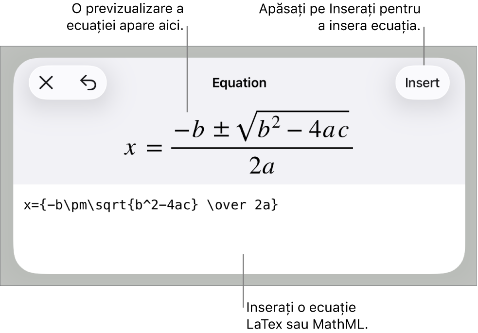 Caseta de dialog Ecuație, afișând o ecuație scrisă cu ajutorul comenzilor MathML și, deasupra, o previzualizare a formulei.