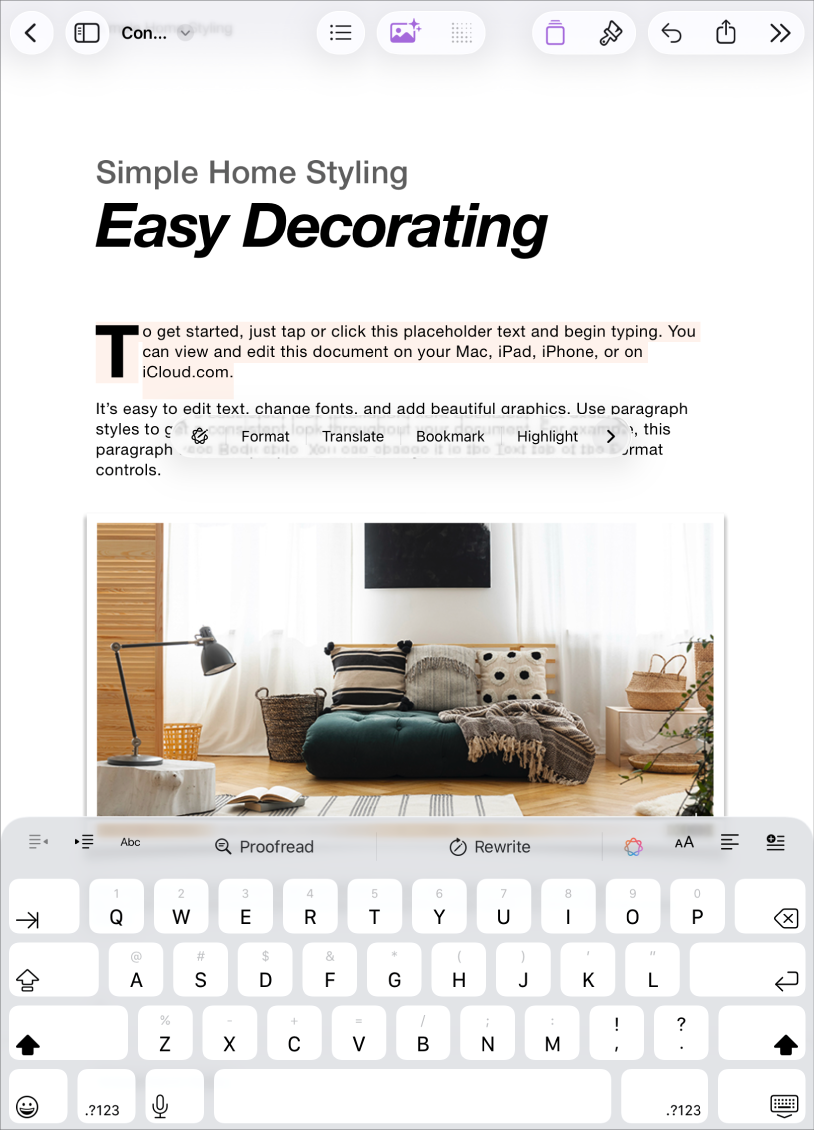 Document Pages deschis cu text substituent selectat.