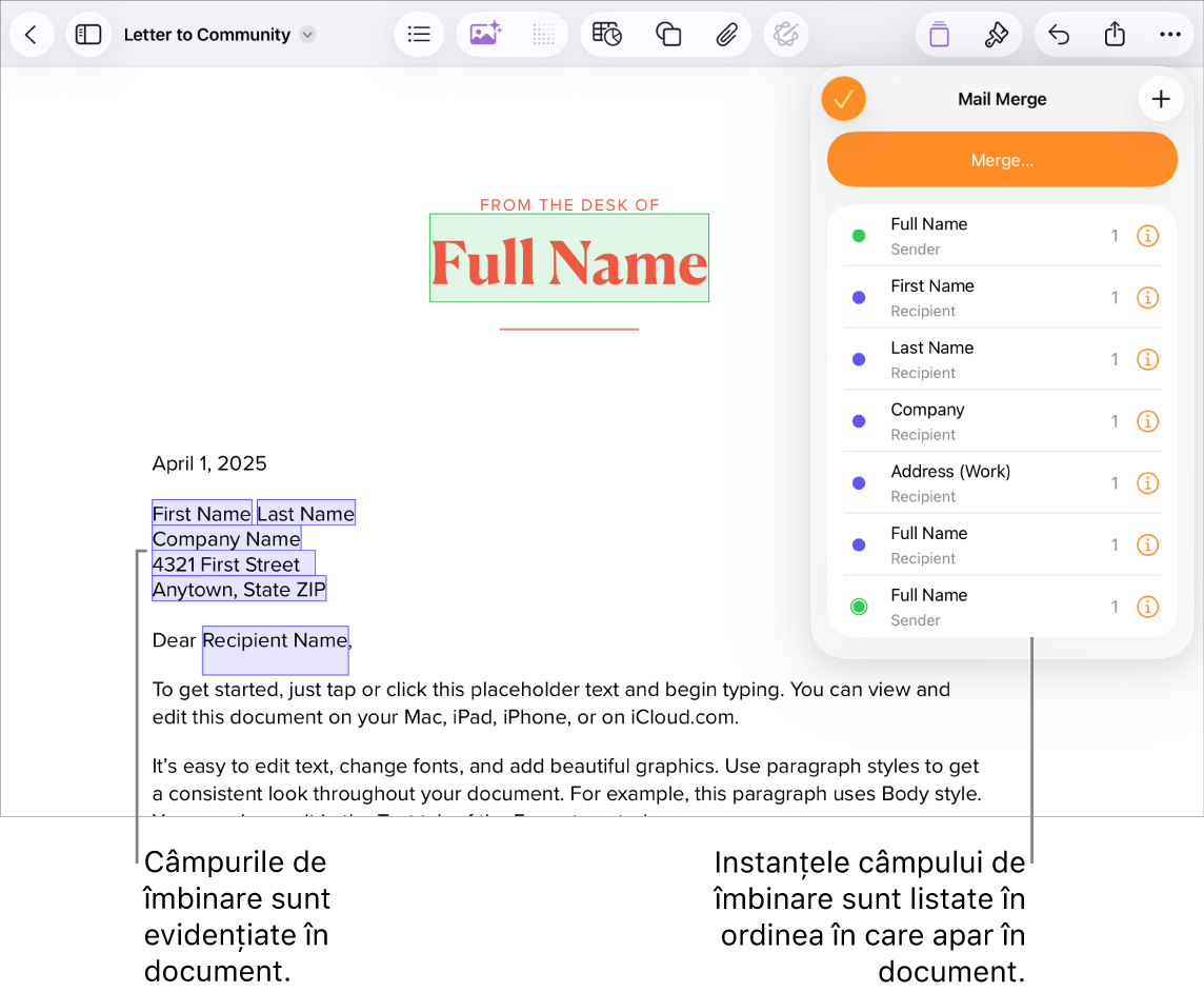 Un document Pages cu câmpurile de comasare ale expeditorului și destinatarului și lista de ocurențe ale câmpurilor de comasare vizibilă în bara laterală Document.