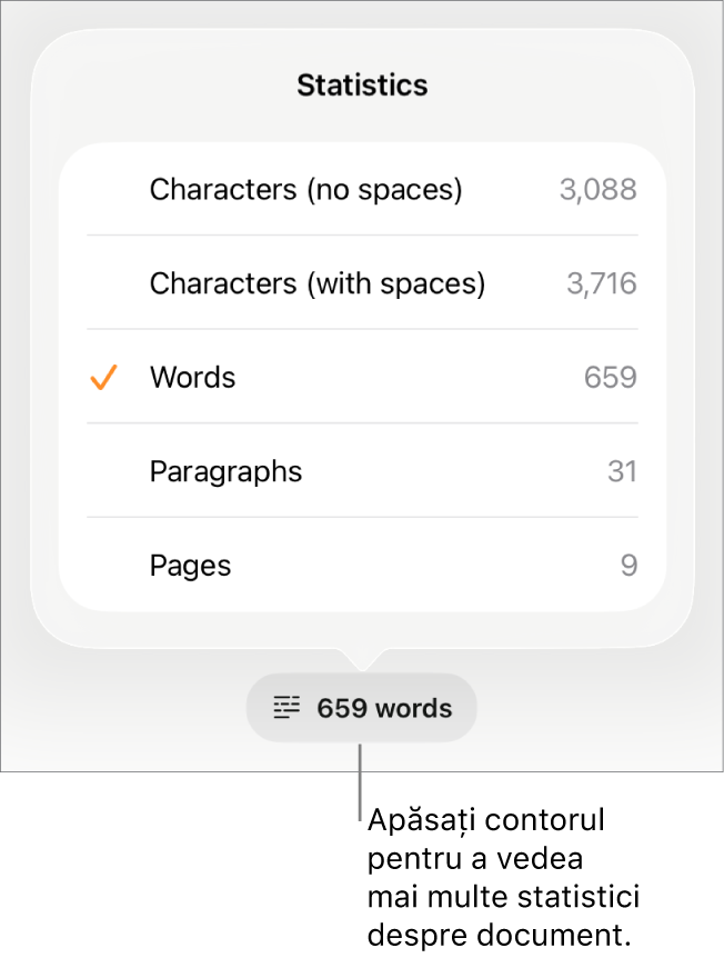 Contorul de cuvinte cu un meniu care prezintă opțiunile pentru a afișa numărul de caractere fără și cu spații, numărul de cuvinte, numărul de paragrafe și numărul de pagini.